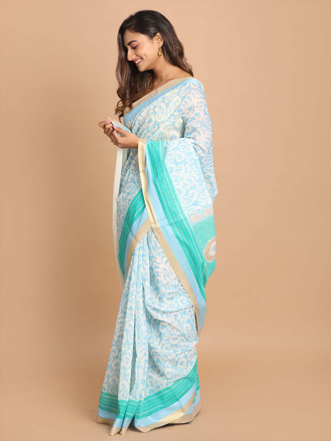 Indethnic Printed Cotton Blend Saree in Blue - View 2