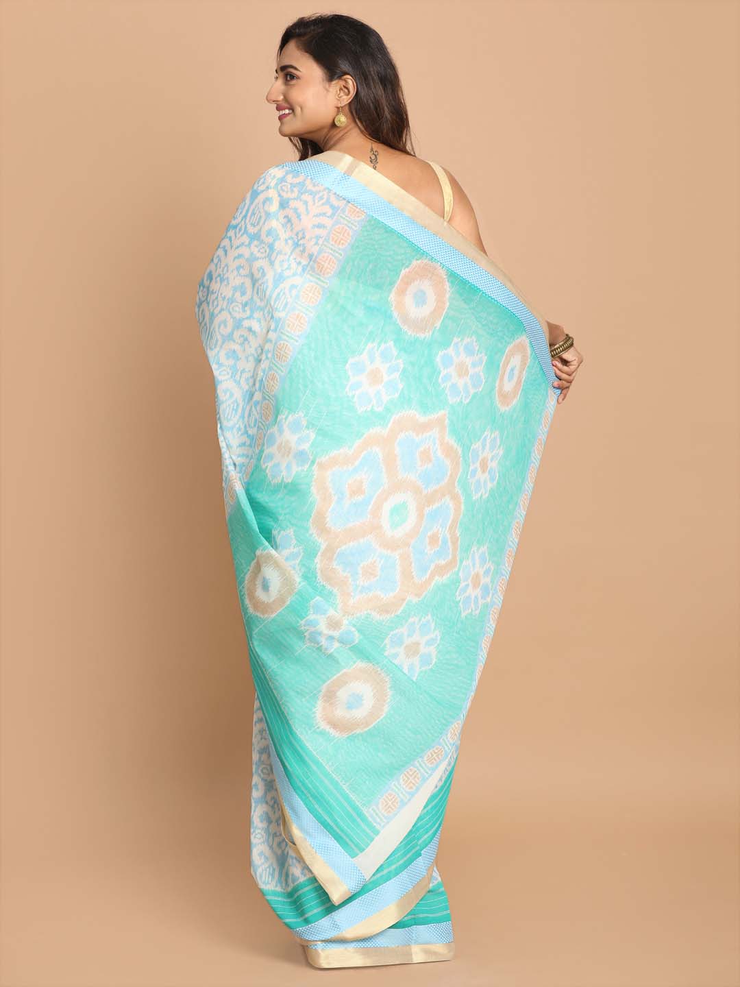 Indethnic Printed Cotton Blend Saree in Blue - View 3