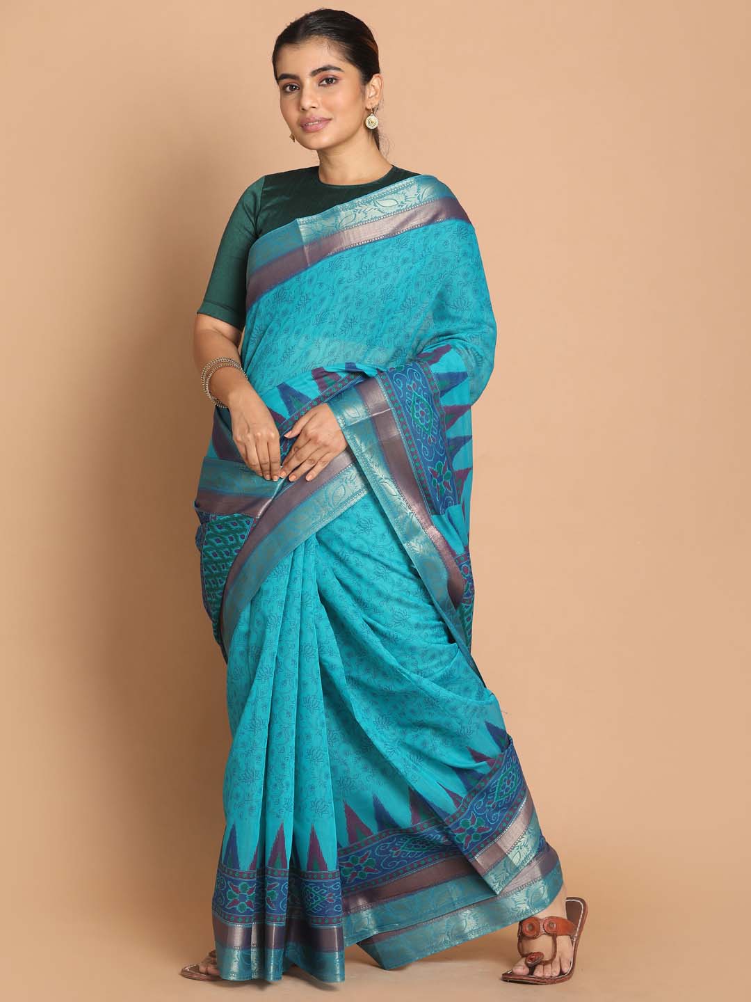 Indethnic Printed Cotton Blend Saree in Blue - View 1