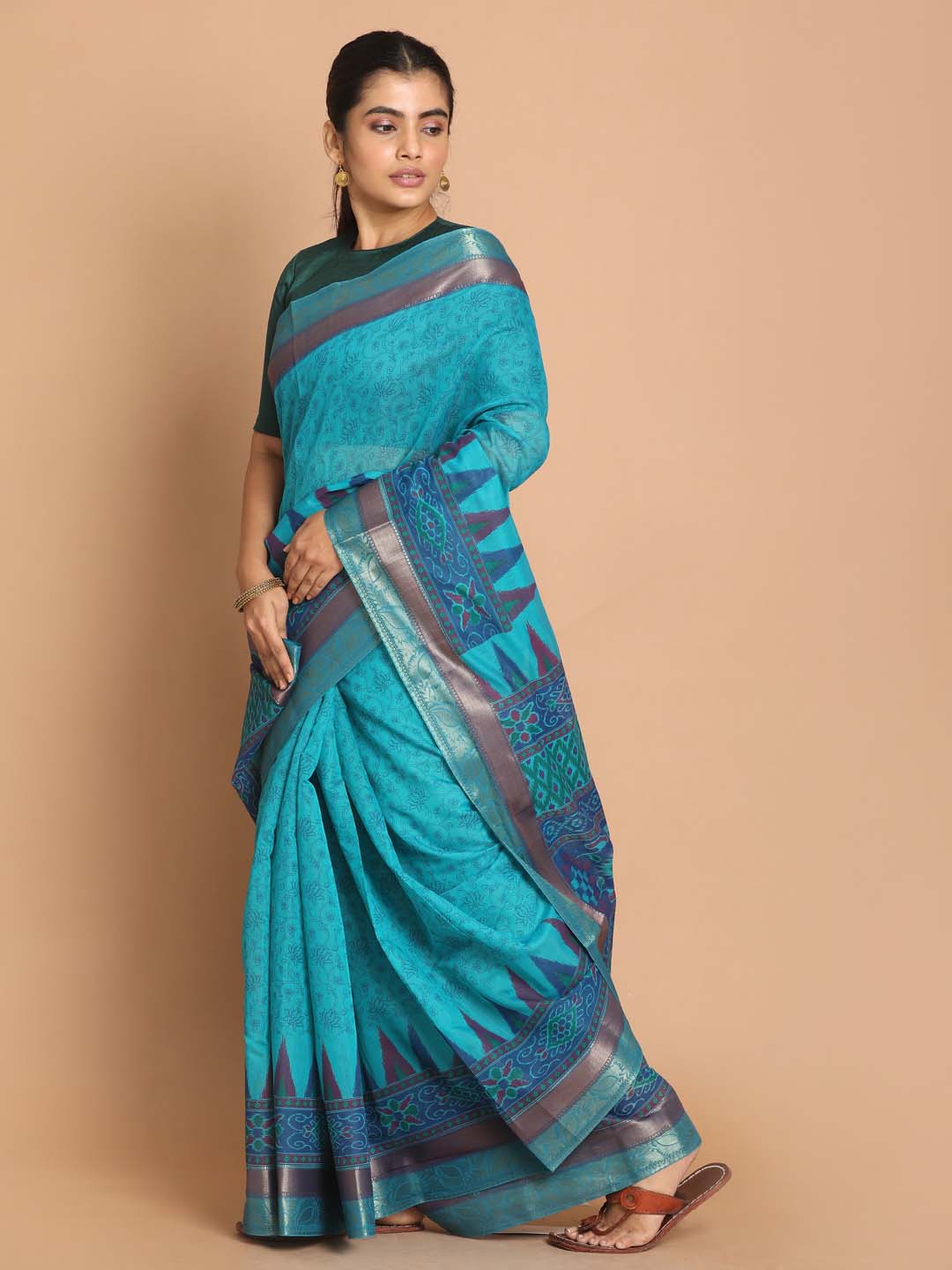 Indethnic Printed Cotton Blend Saree in Blue - View 1