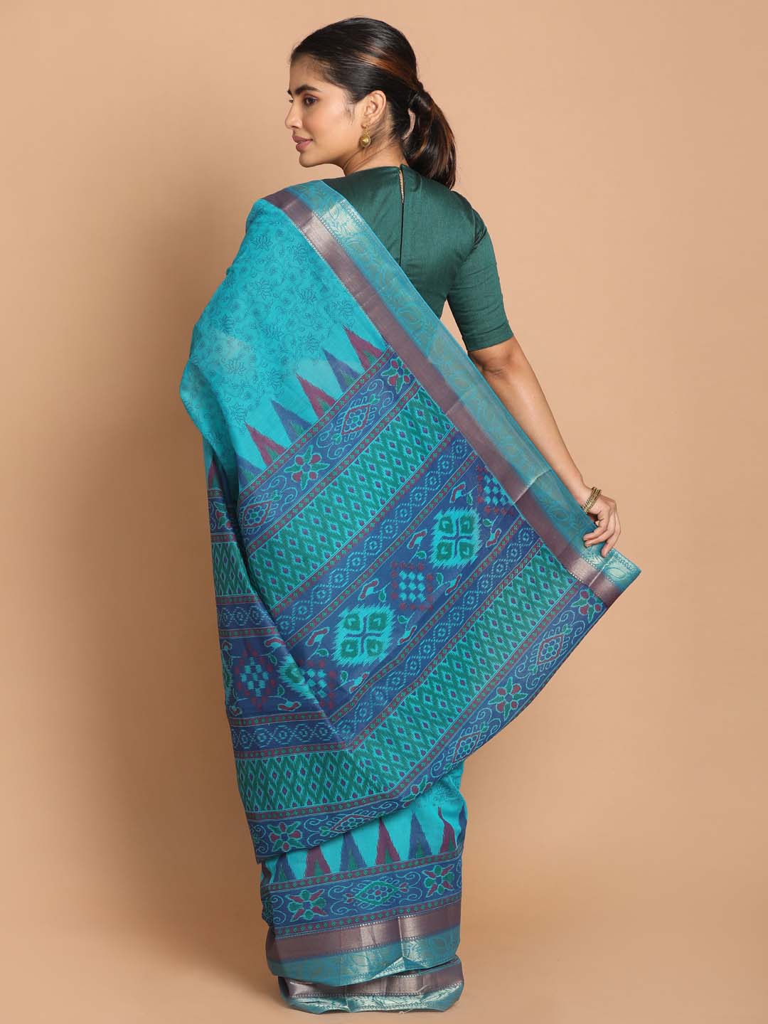 Indethnic Printed Cotton Blend Saree in Blue - View 3