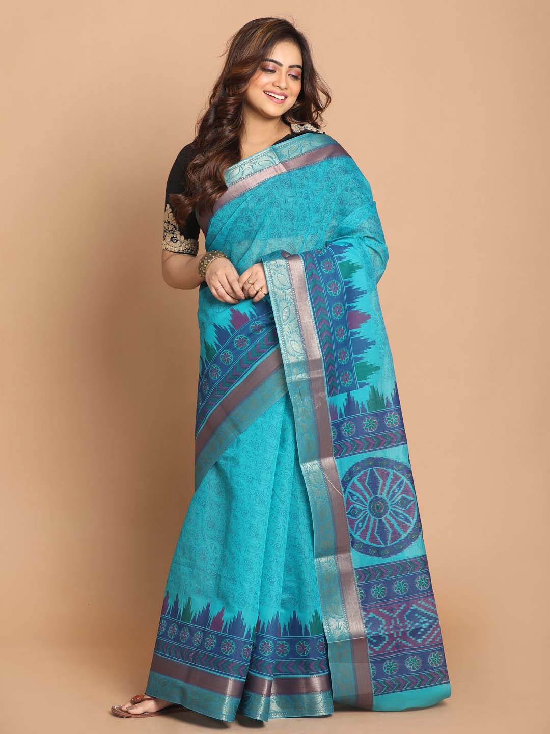 Indethnic Printed Cotton Blend Saree in Blue - View 1