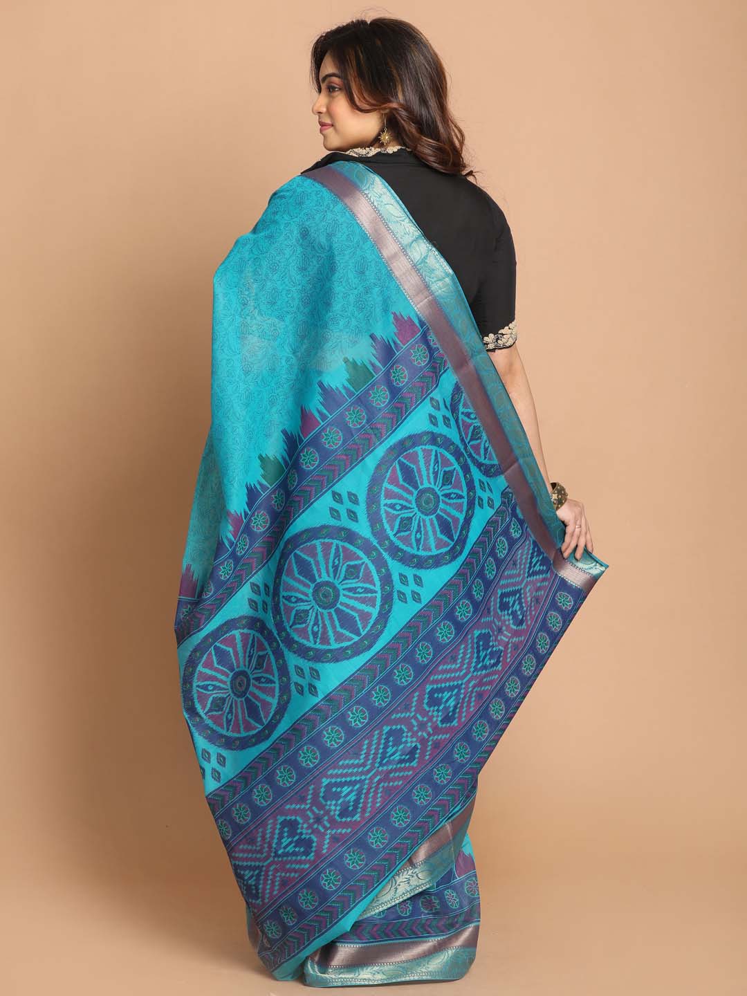 Indethnic Printed Cotton Blend Saree in Blue - View 3