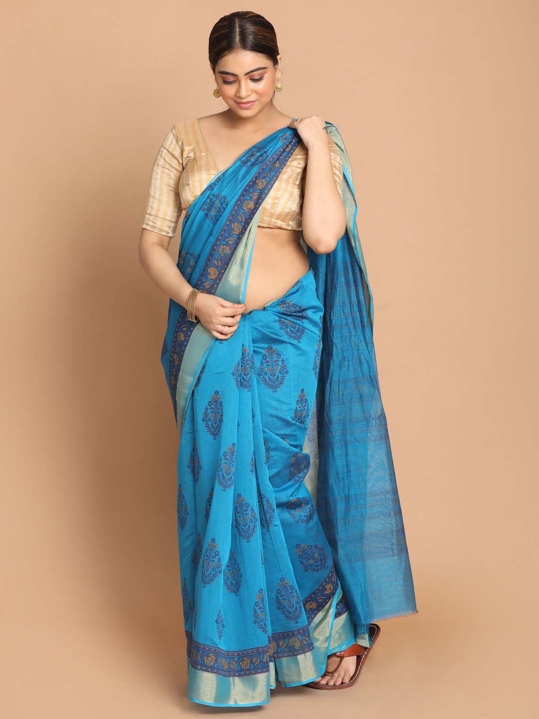 Indethnic Printed Cotton Blend Saree in Blue - View 1