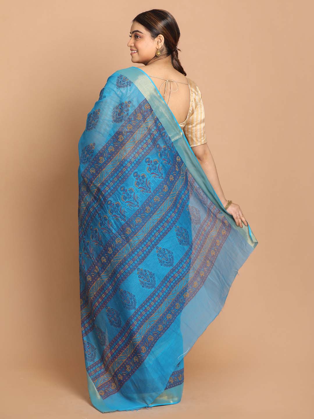 Indethnic Printed Cotton Blend Saree in Blue - View 3