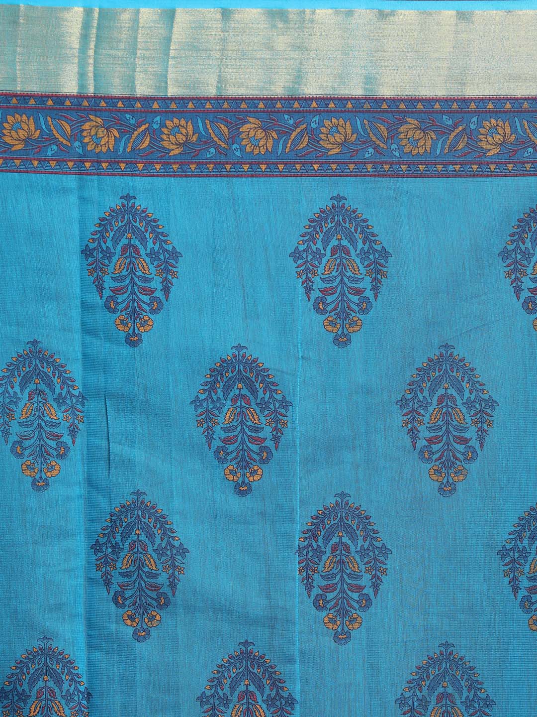 Indethnic Printed Cotton Blend Saree in Blue - Saree Detail View