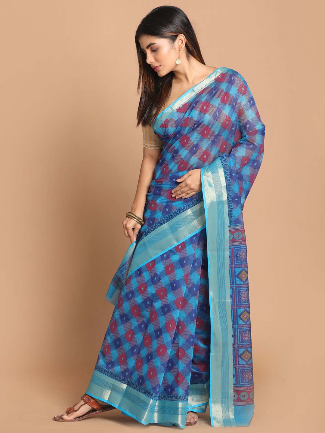 Indethnic Printed Cotton Blend Saree in Blue - View 1