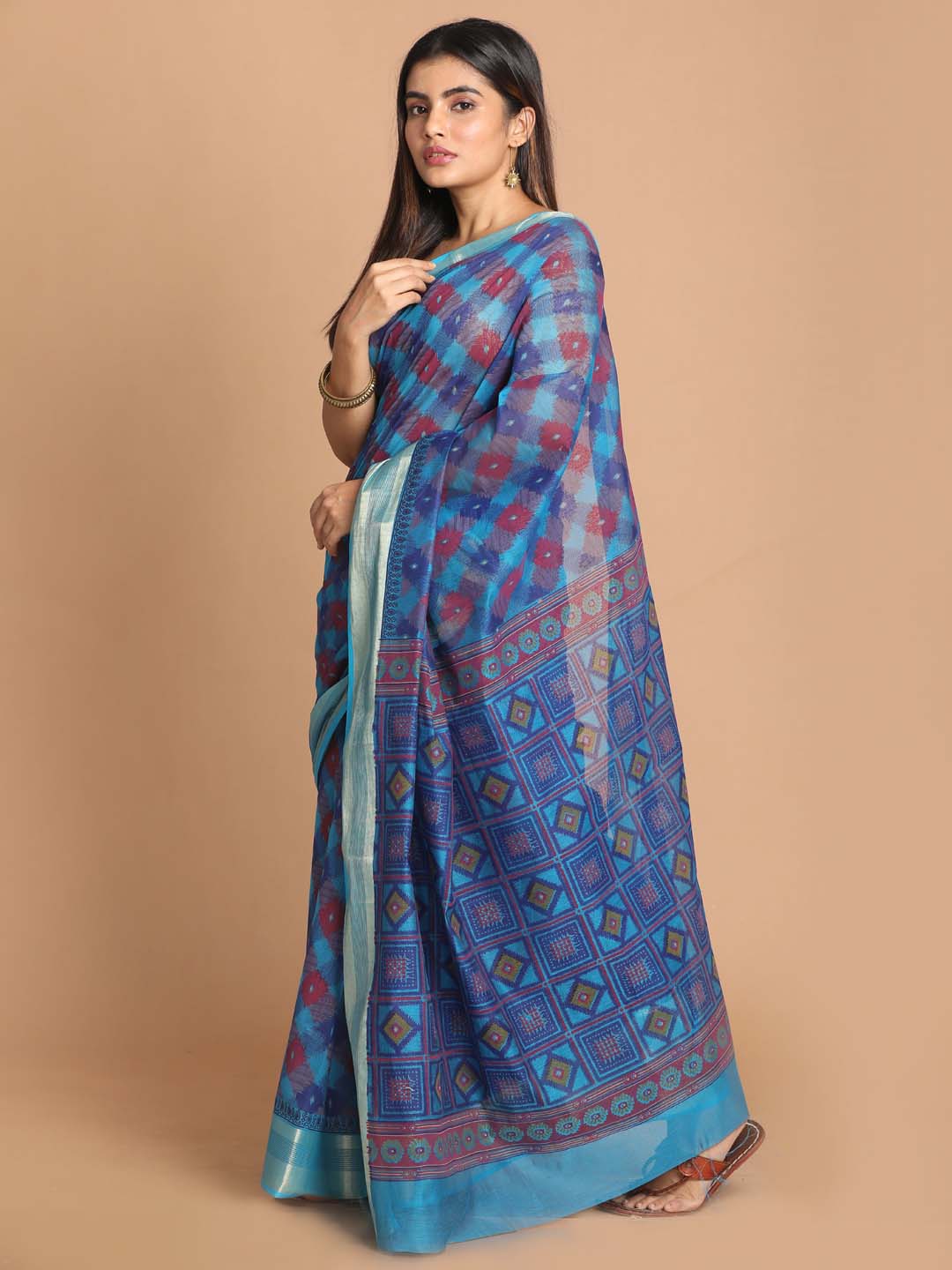 Indethnic Printed Cotton Blend Saree in Blue - View 2