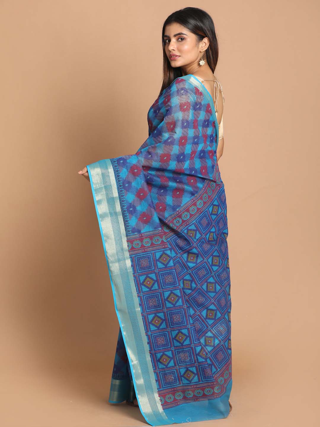 Indethnic Printed Cotton Blend Saree in Blue - View 3