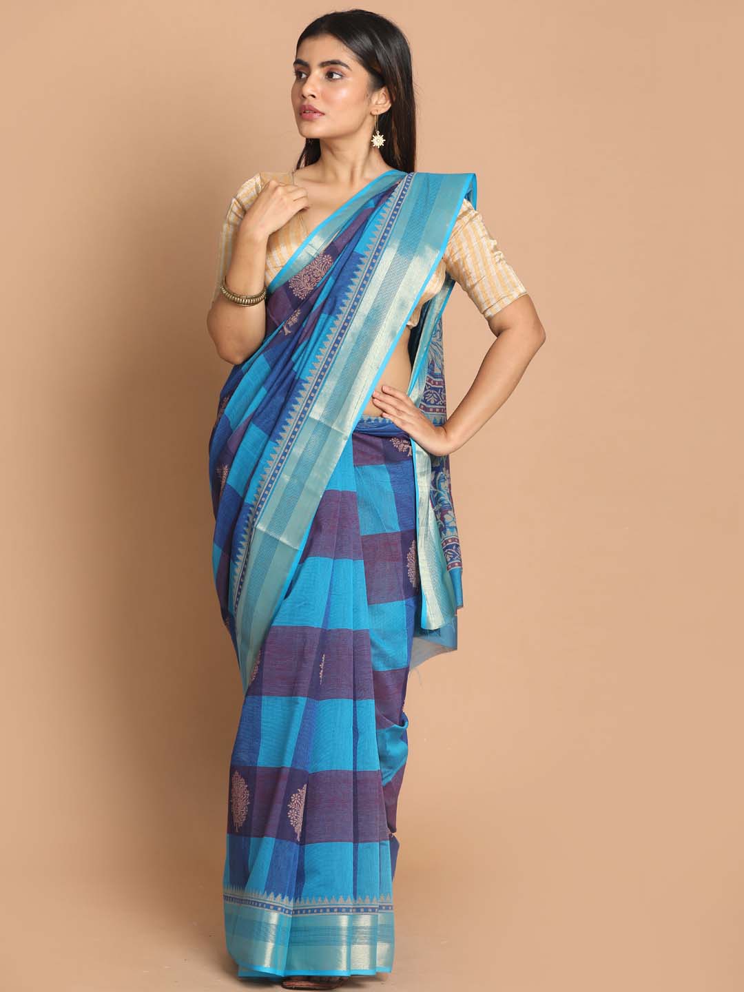 Indethnic Printed Cotton Blend Saree in Blue - View 1