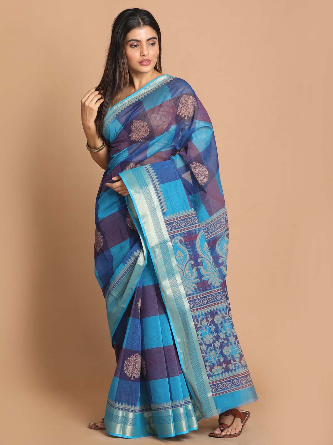 Indethnic Printed Cotton Blend Saree in Blue - View 2