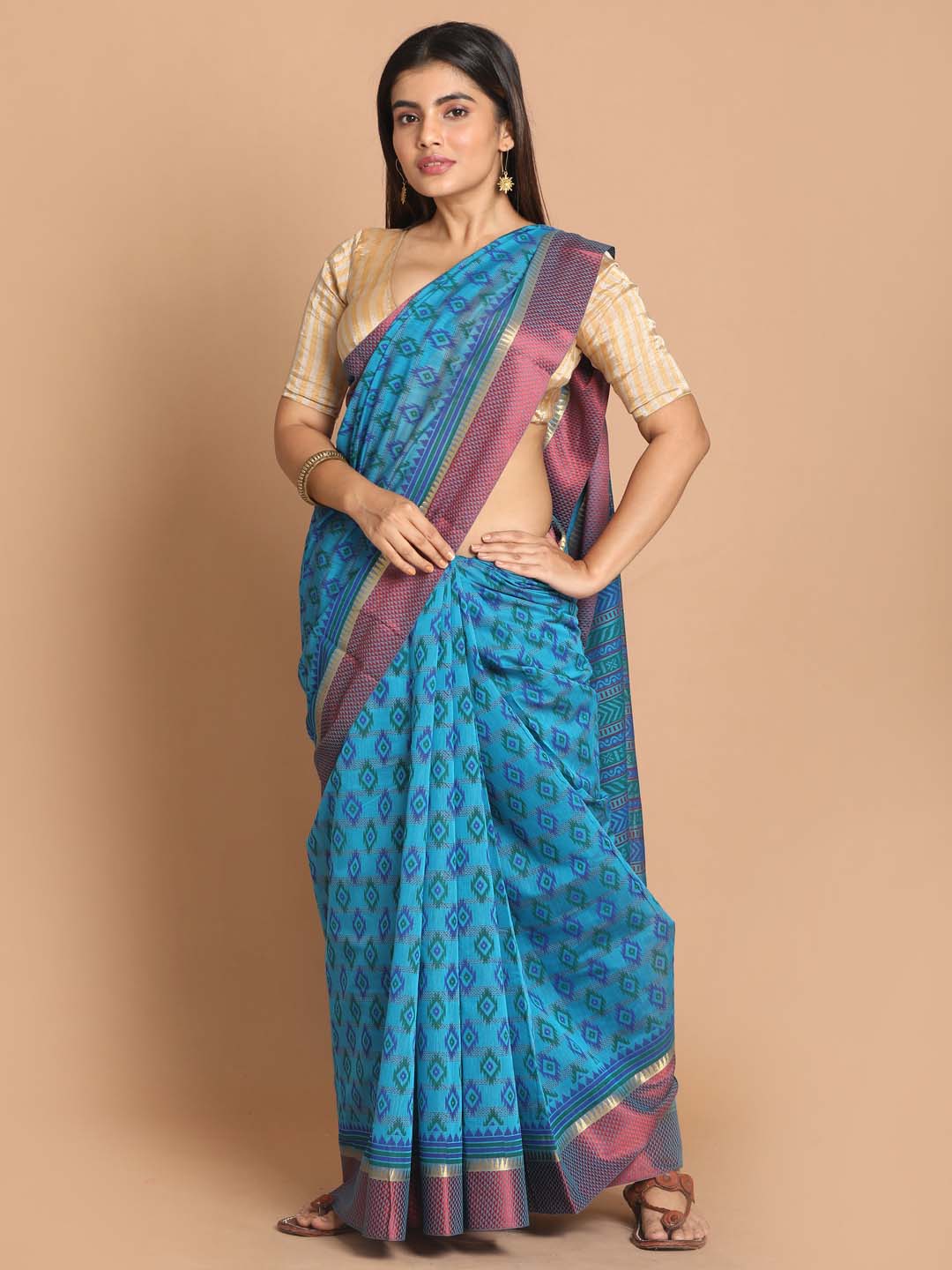 Indethnic Printed Cotton Blend Saree in Blue - View 1