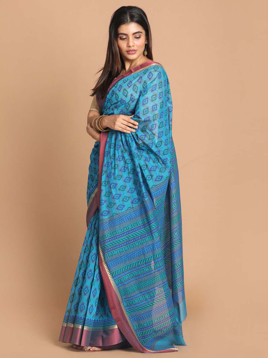 Indethnic Printed Cotton Blend Saree in Blue - View 2