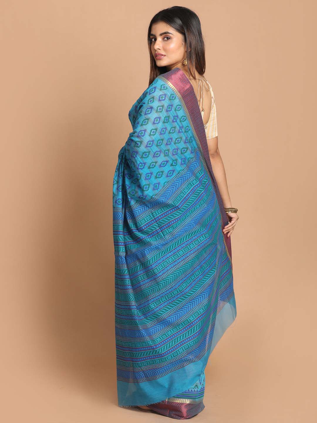 Indethnic Printed Cotton Blend Saree in Blue - View 3