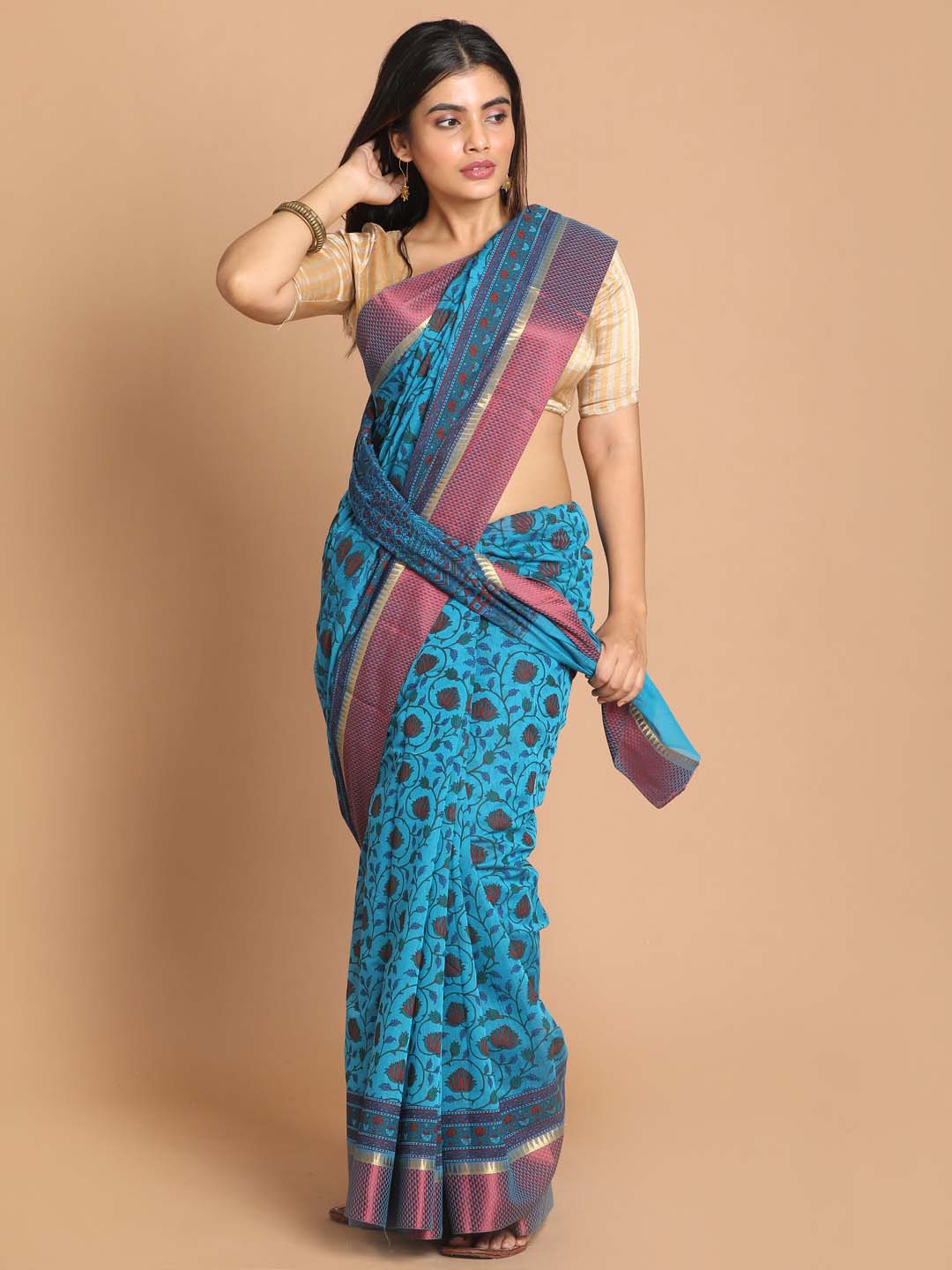 Indethnic Printed Cotton Blend Saree in Blue - View 1