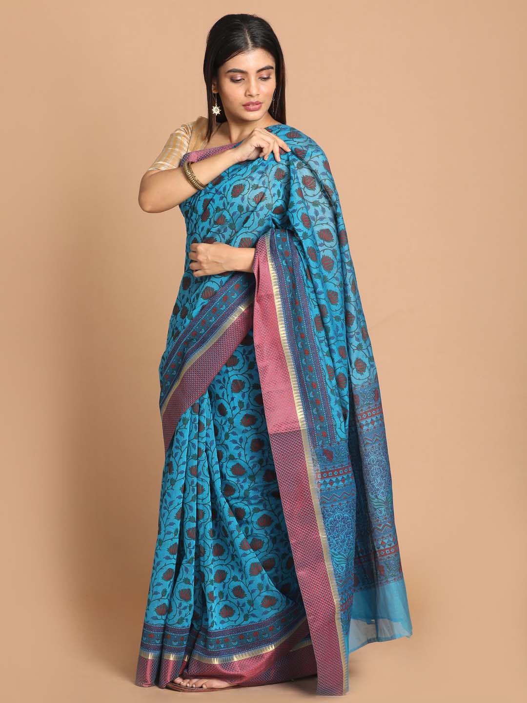 Indethnic Printed Cotton Blend Saree in Blue - View 2