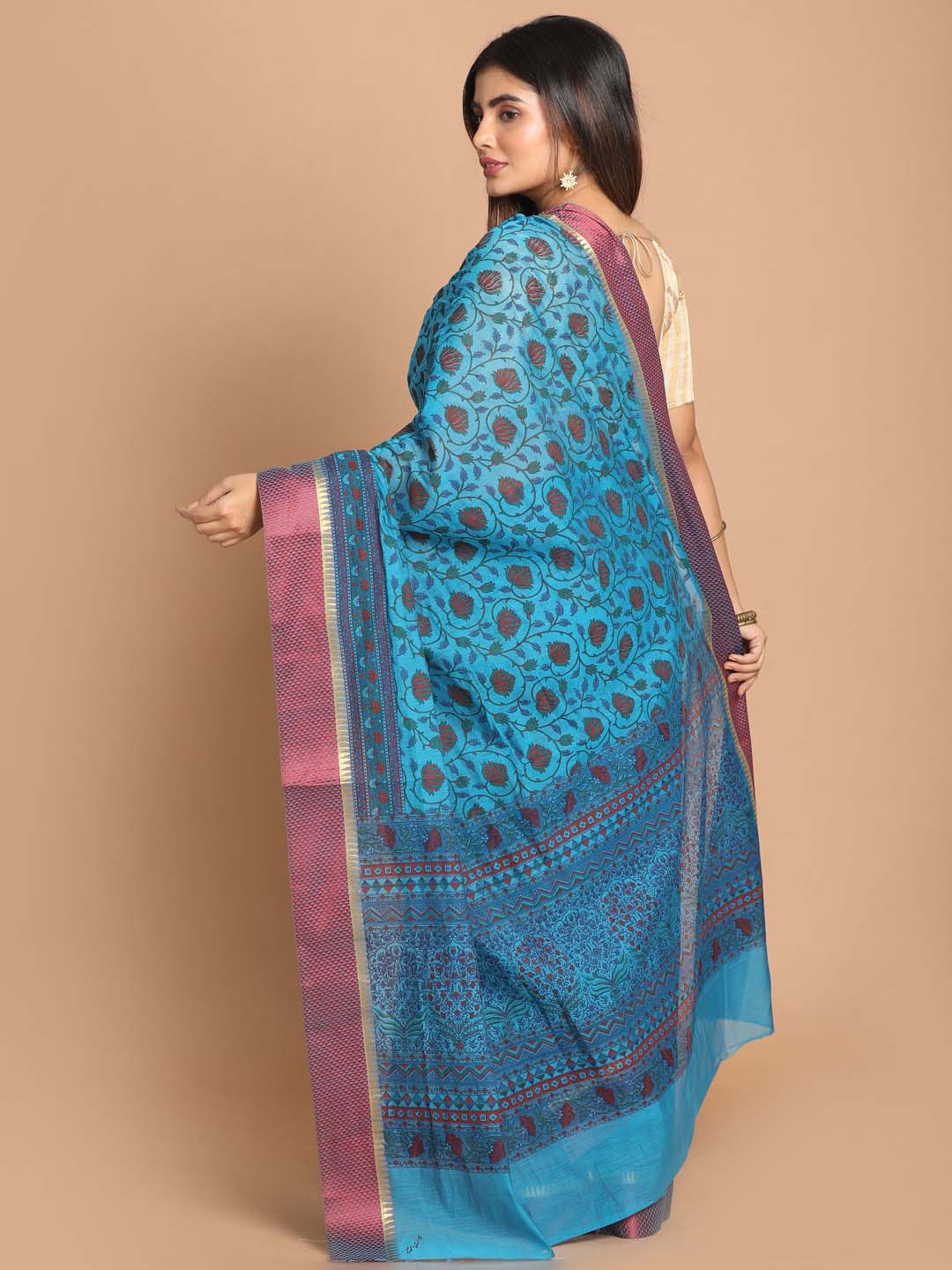 Indethnic Printed Cotton Blend Saree in Blue - View 3