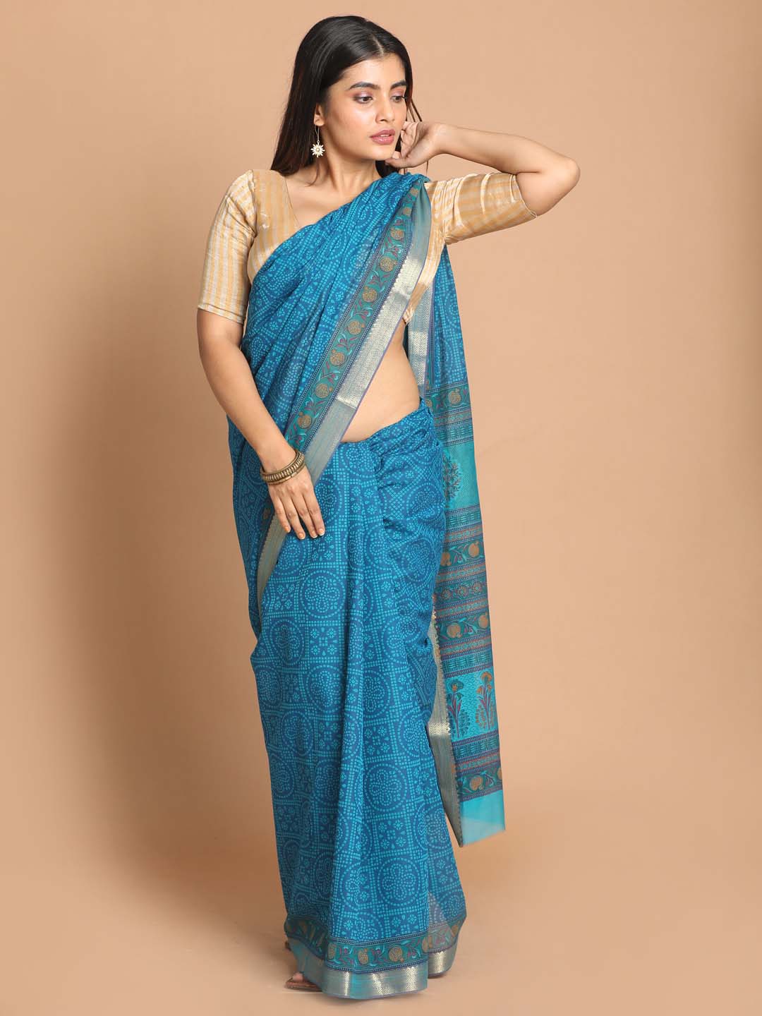 Indethnic Printed Cotton Blend Saree in Blue - View 1