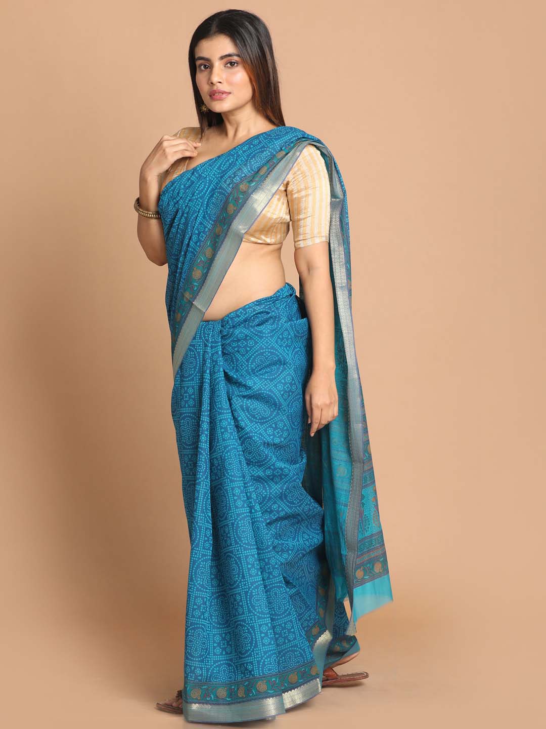 Indethnic Printed Cotton Blend Saree in Blue - View 2