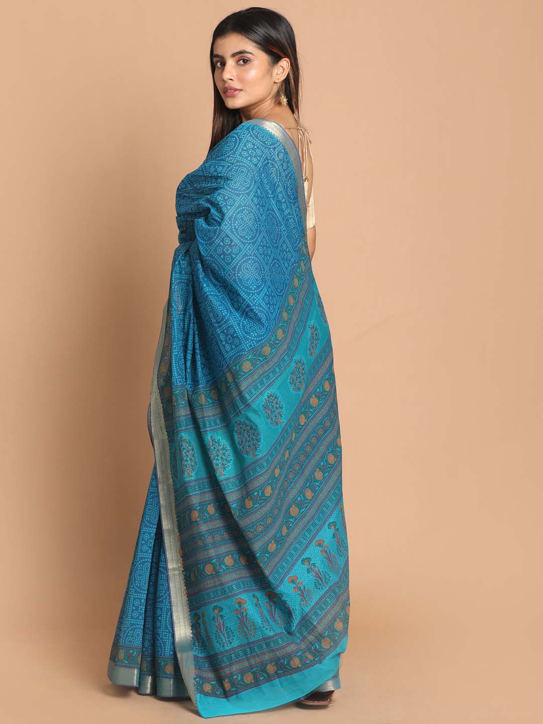 Indethnic Printed Cotton Blend Saree in Blue - View 3