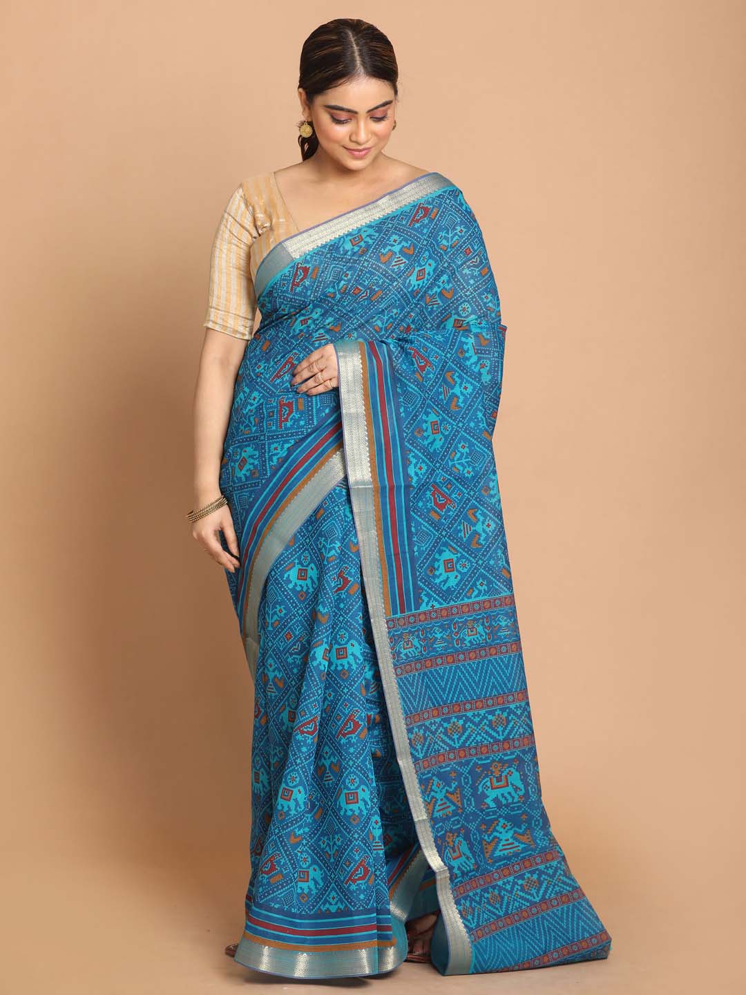 Indethnic Printed Cotton Blend Saree in Blue - View 1