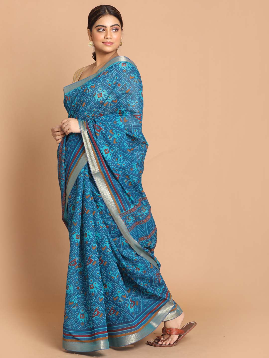 Indethnic Printed Cotton Blend Saree in Blue - View 2