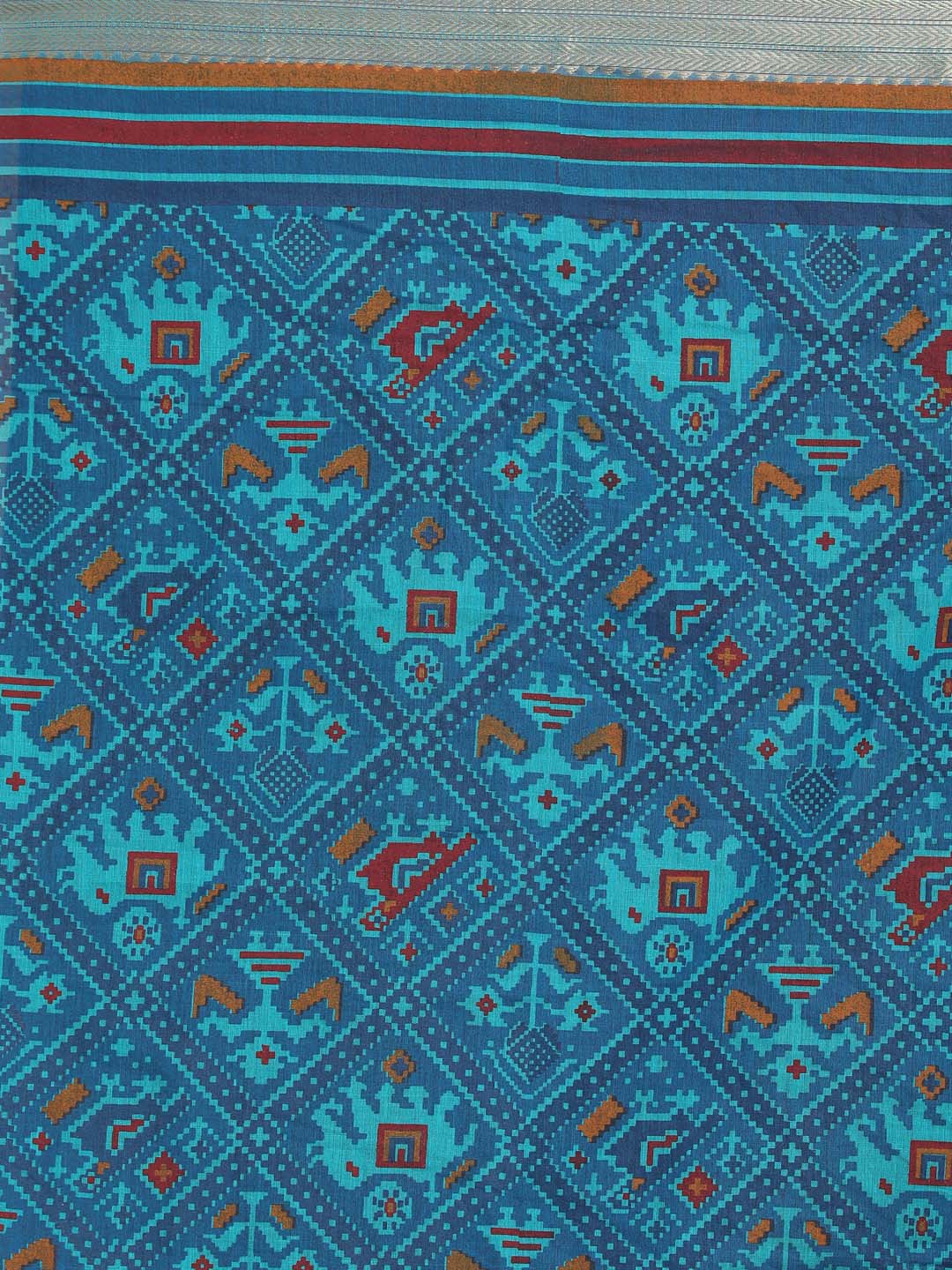 Indethnic Printed Cotton Blend Saree in Blue - Saree Detail View