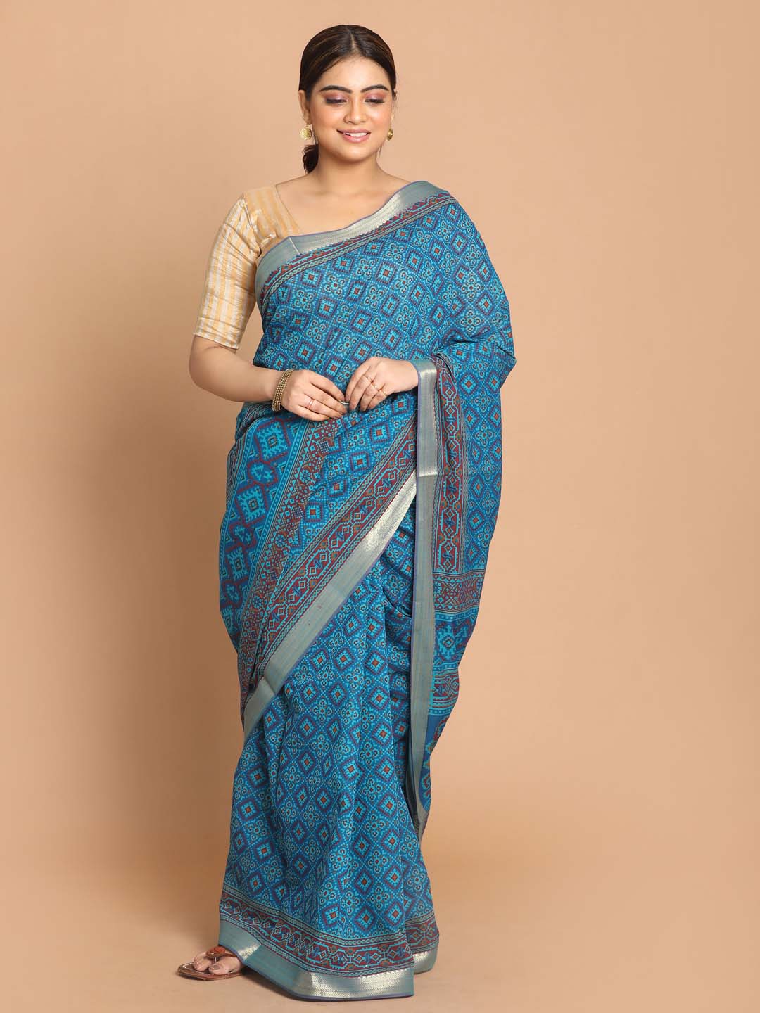 Indethnic Printed Cotton Blend Saree in Blue - View 1