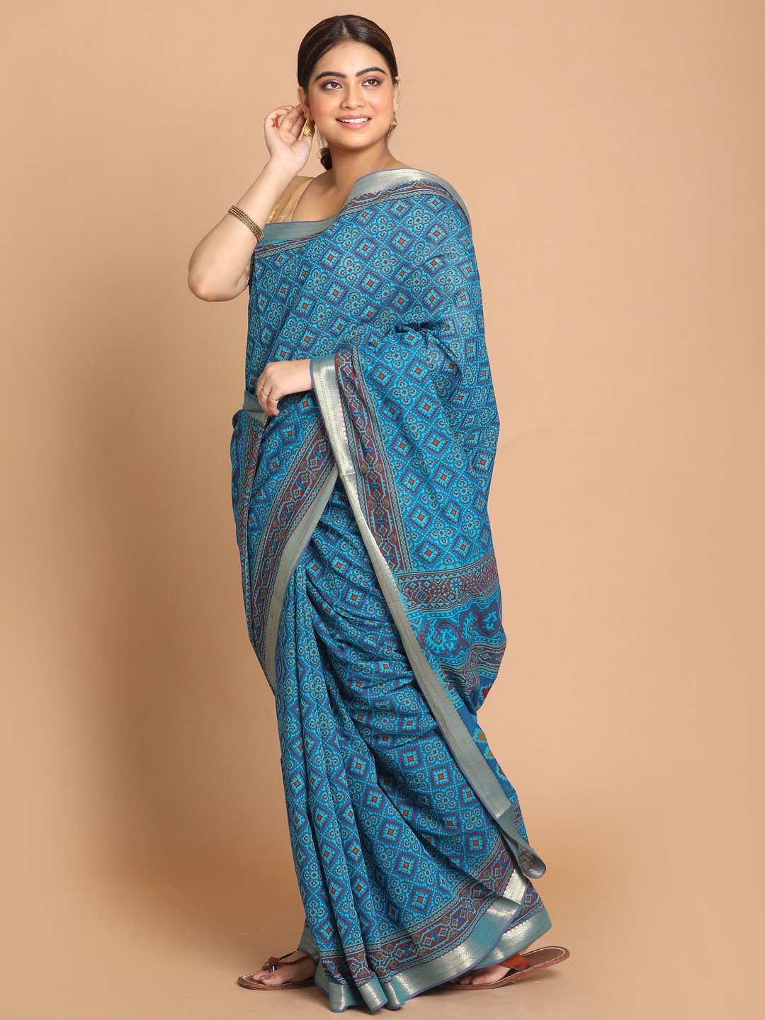 Indethnic Printed Cotton Blend Saree in Blue - View 2