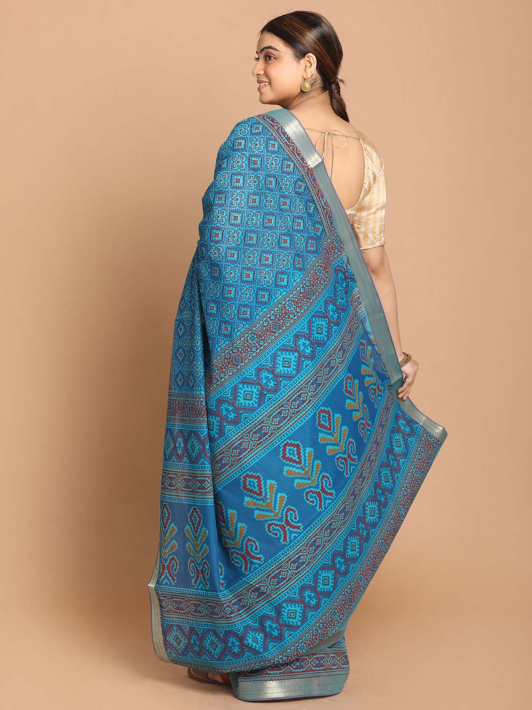 Indethnic Printed Cotton Blend Saree in Blue - View 3