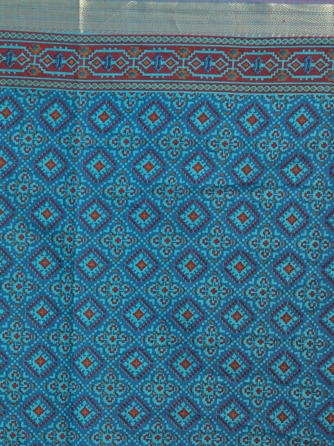 Indethnic Printed Cotton Blend Saree in Blue - Saree Detail View