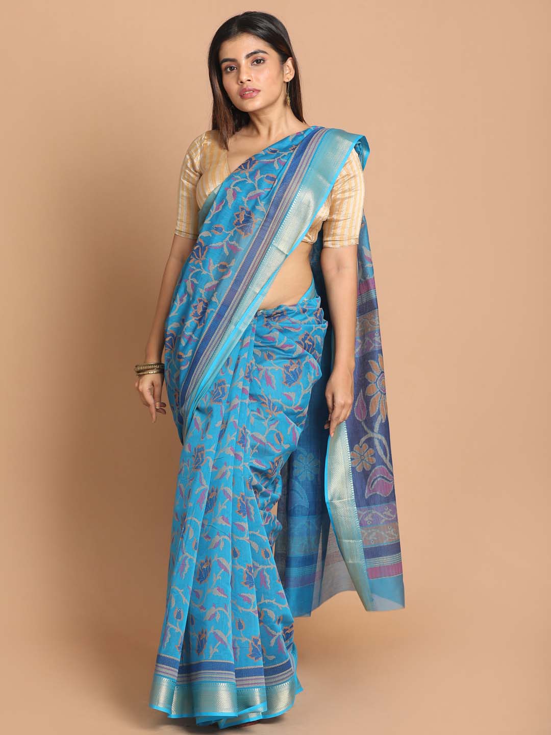 Indethnic Printed Cotton Blend Saree in Blue - View 1