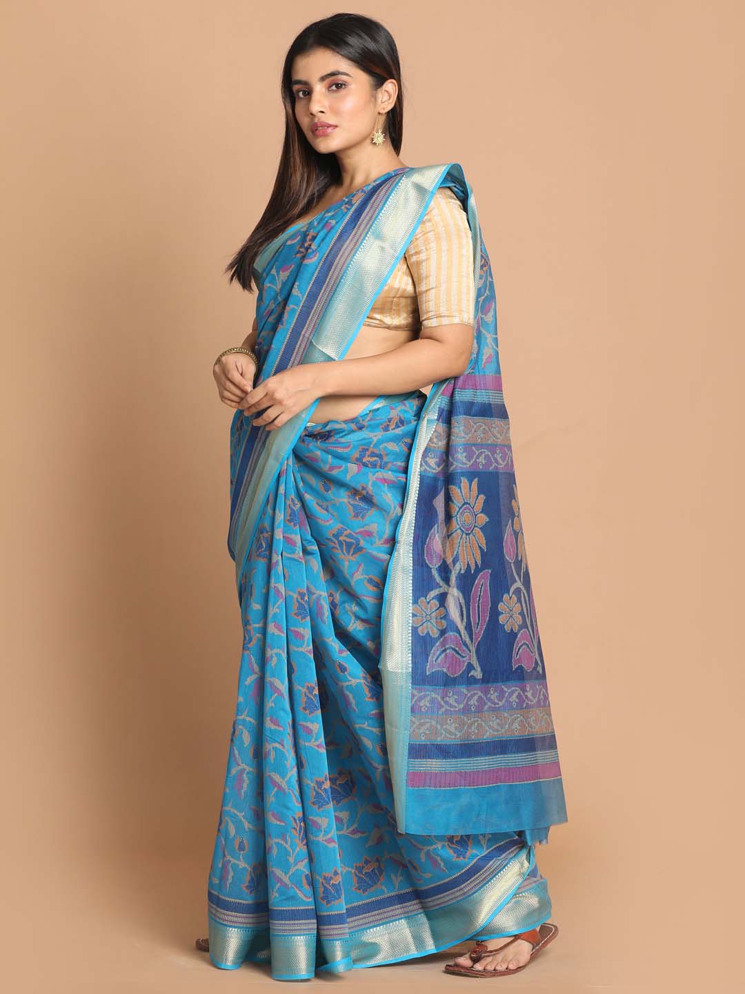 Indethnic Printed Cotton Blend Saree in Blue - View 2