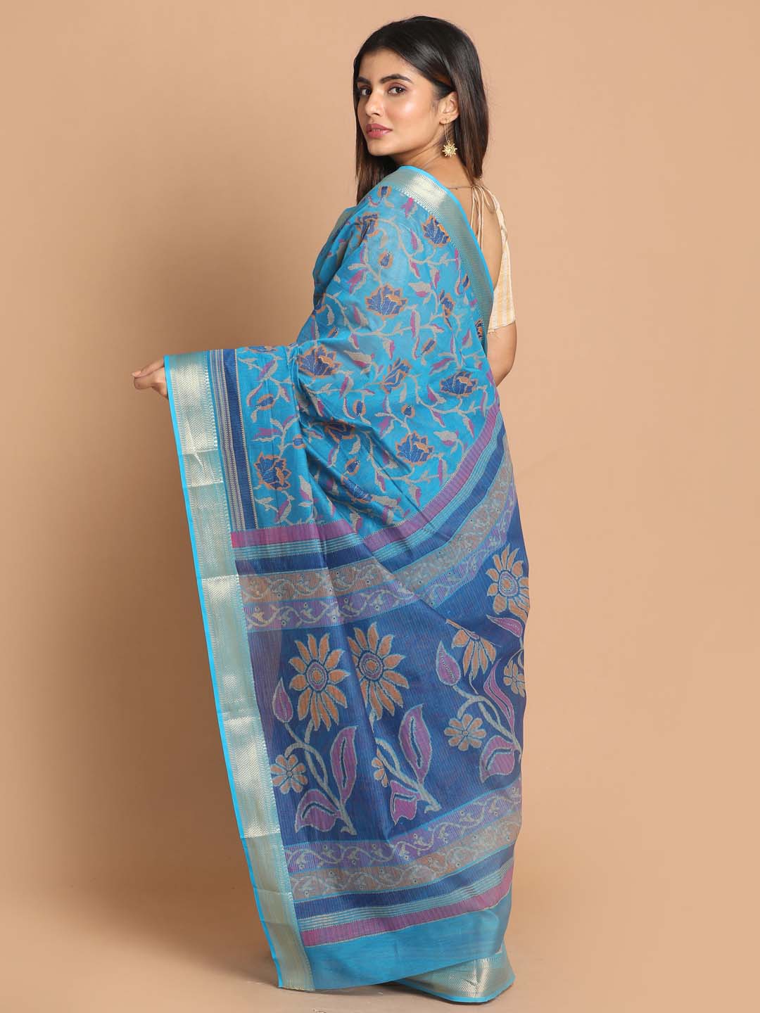 Indethnic Printed Cotton Blend Saree in Blue - View 3