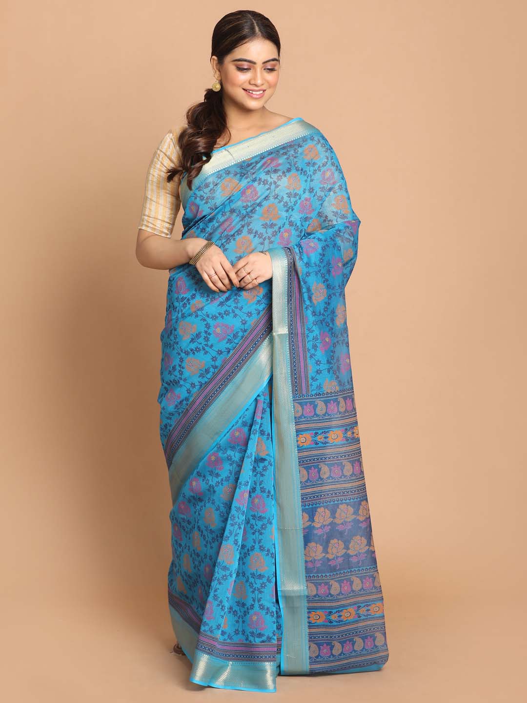 Indethnic Printed Cotton Blend Saree in Blue - View 1