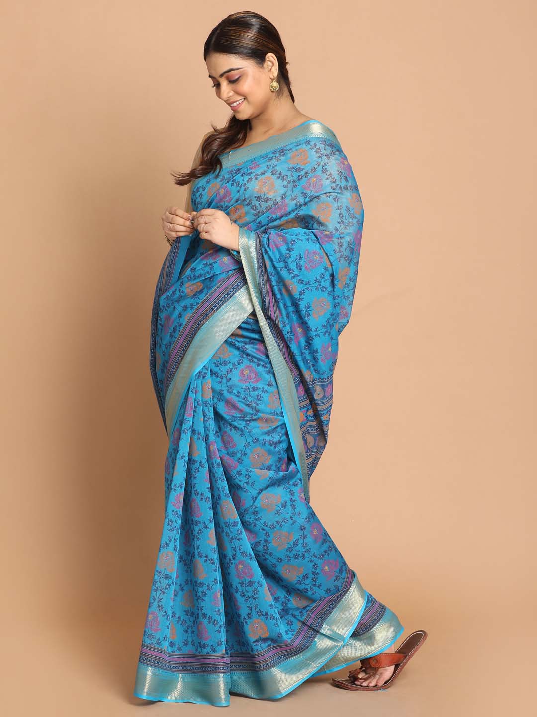 Indethnic Printed Cotton Blend Saree in Blue - View 2