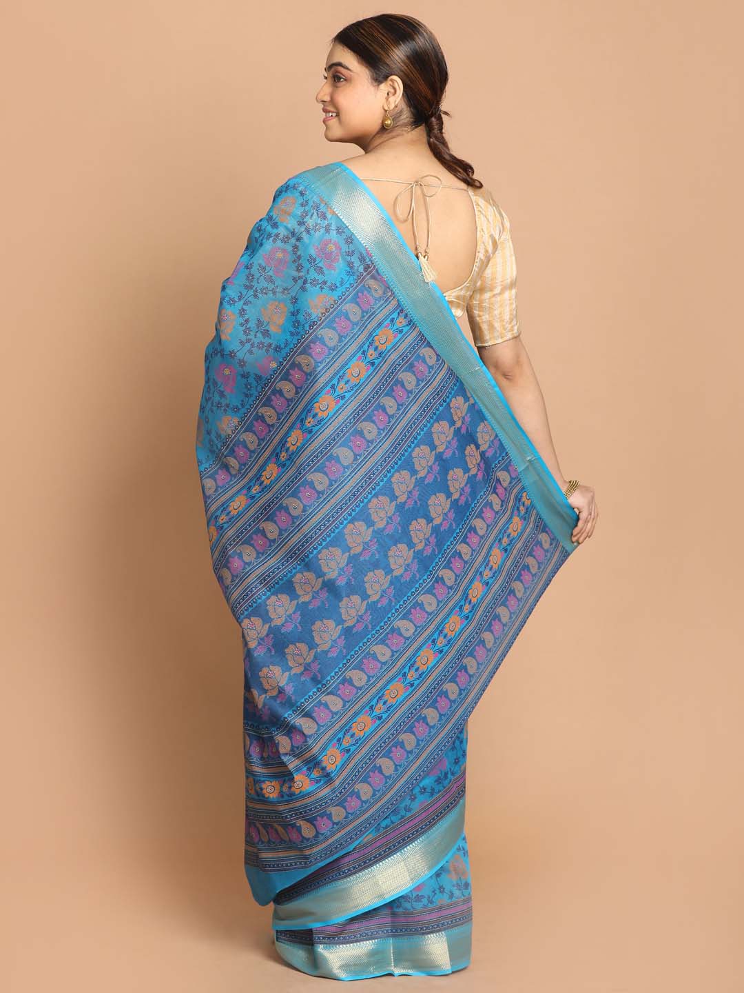 Indethnic Printed Cotton Blend Saree in Blue - View 3