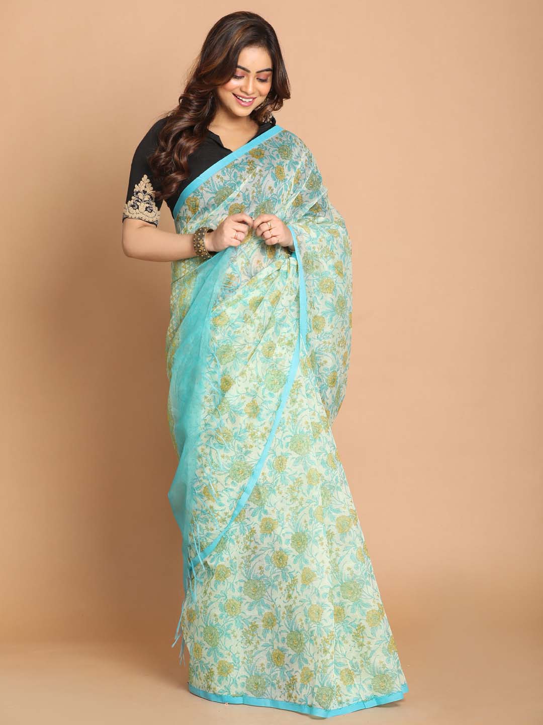 Indethnic Printed Cotton Blend Saree in Blue - View 1