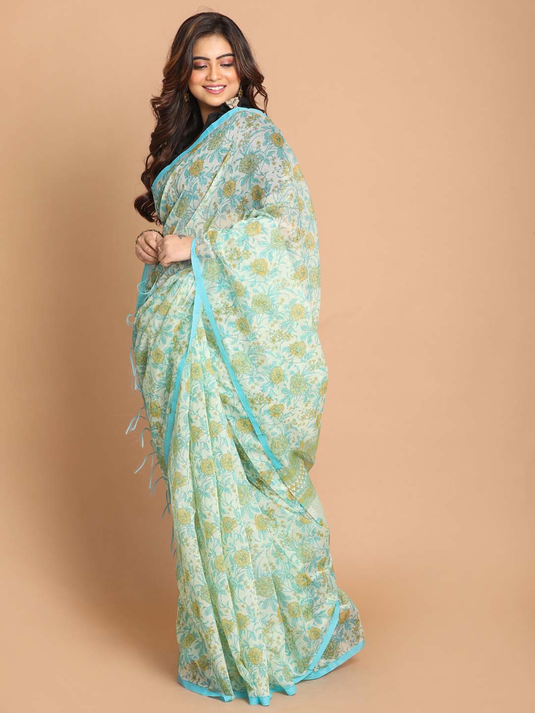 Indethnic Printed Cotton Blend Saree in Blue - View 2