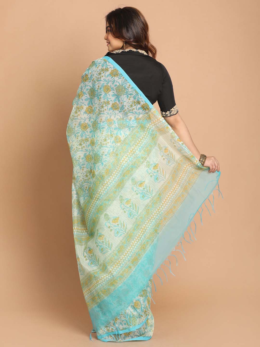 Indethnic Printed Cotton Blend Saree in Blue - View 3