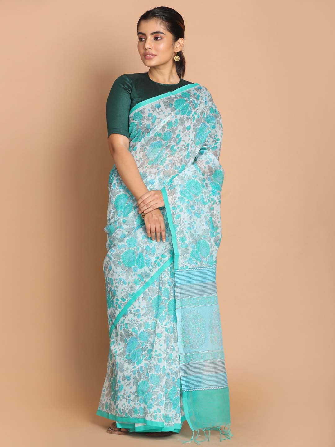 Indethnic Printed Cotton Blend Saree in Blue - View 1