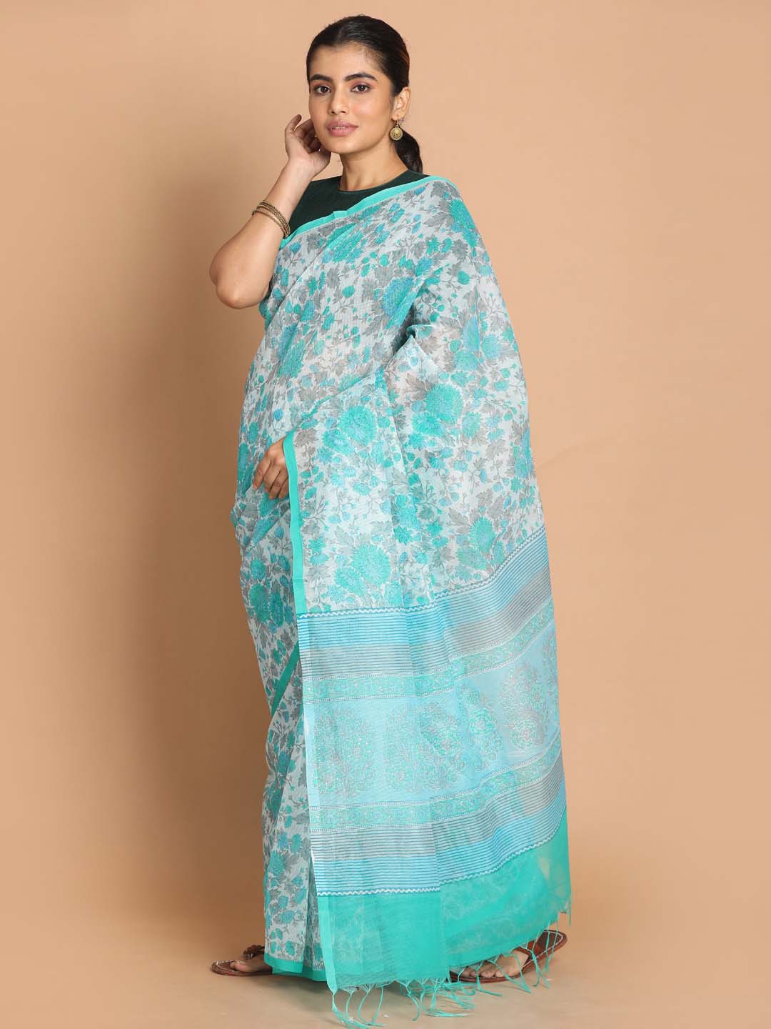 Indethnic Printed Cotton Blend Saree in Blue - View 2