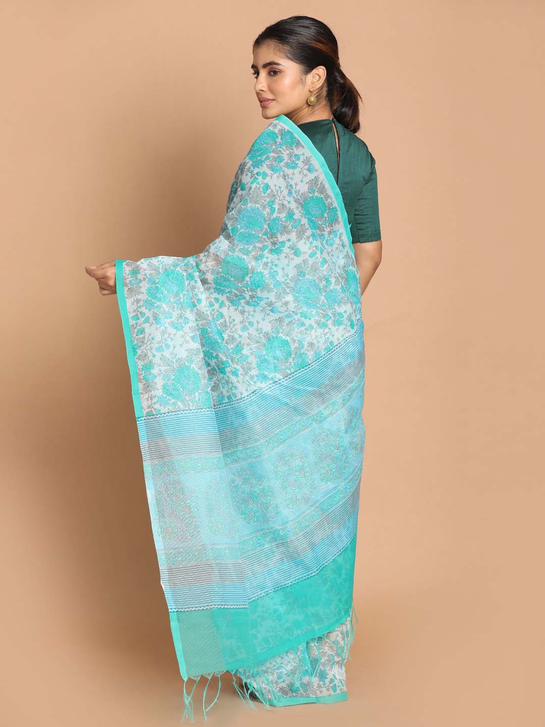 Indethnic Printed Cotton Blend Saree in Blue - View 3