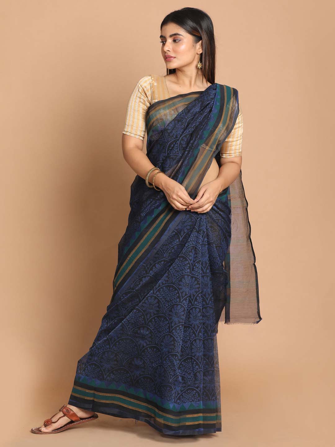 Indethnic Printed Cotton Blend Saree in Blue - View 1