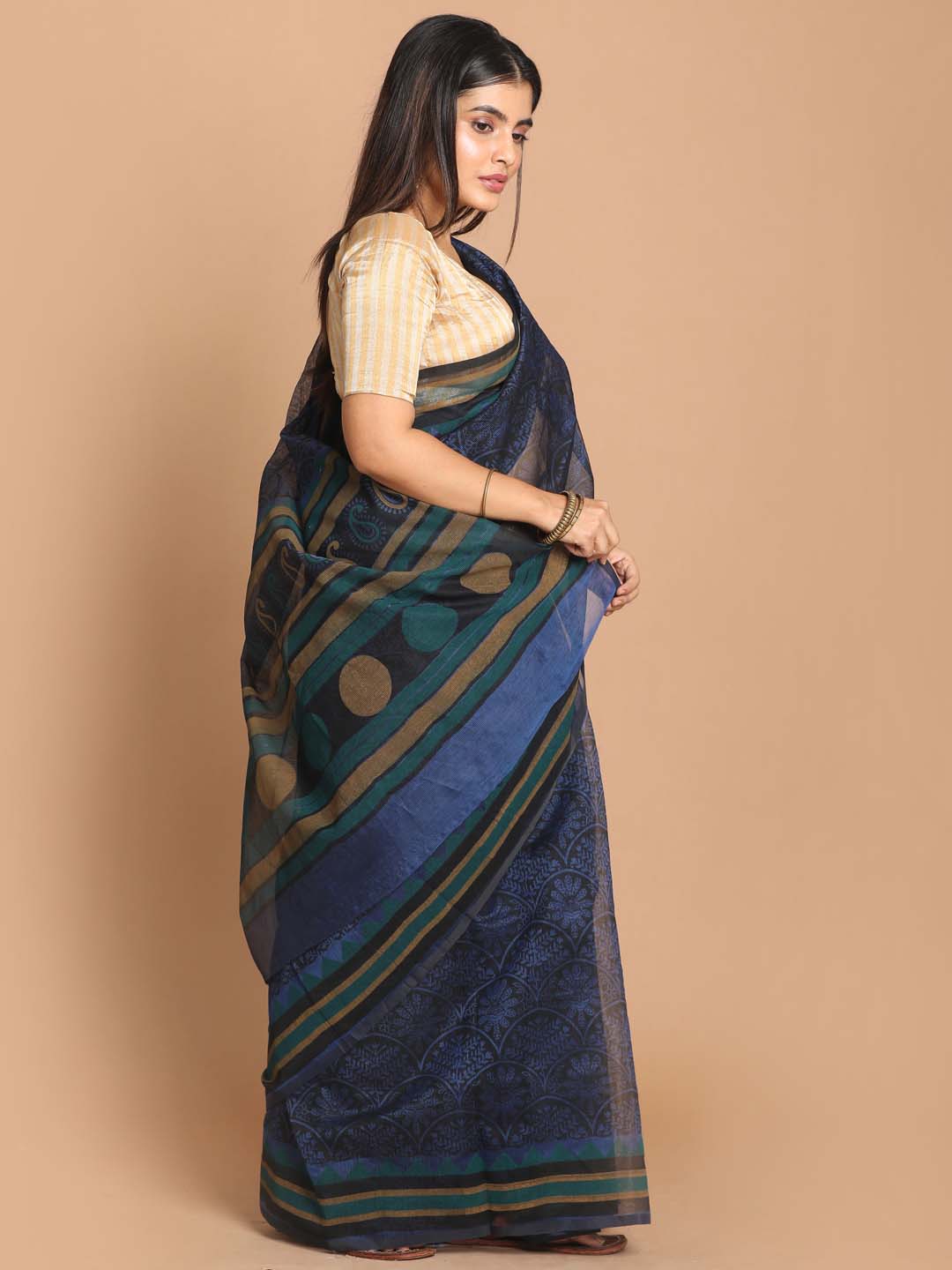 Indethnic Printed Cotton Blend Saree in Blue - View 3