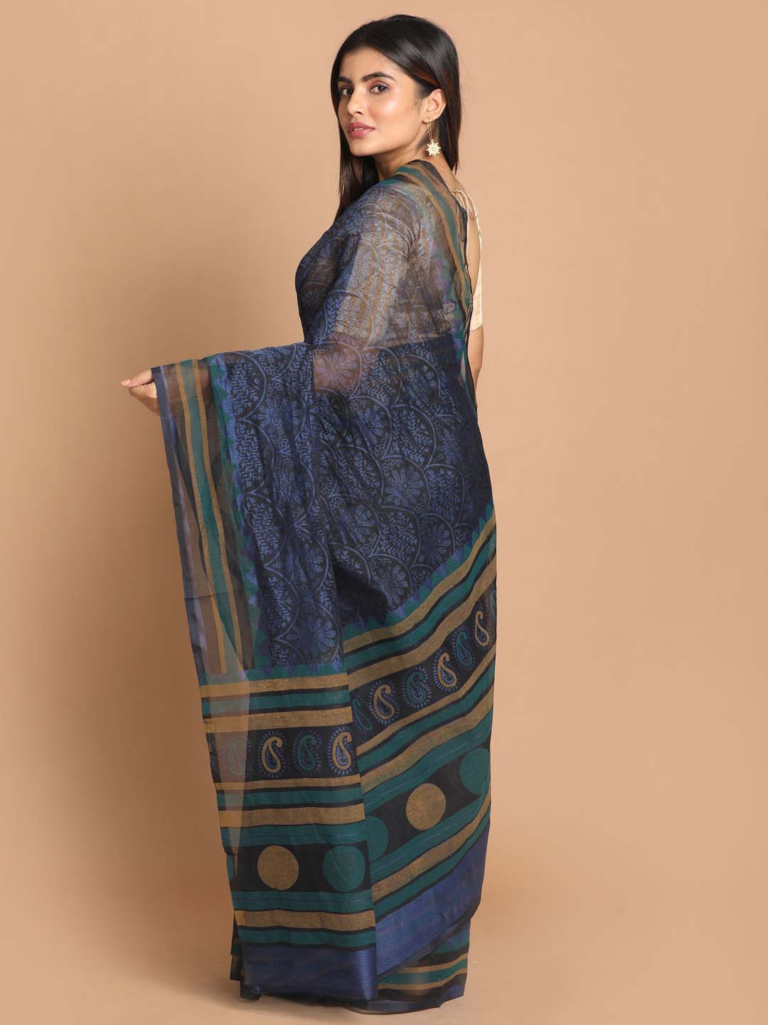 Indethnic Printed Cotton Blend Saree in Blue - View 2