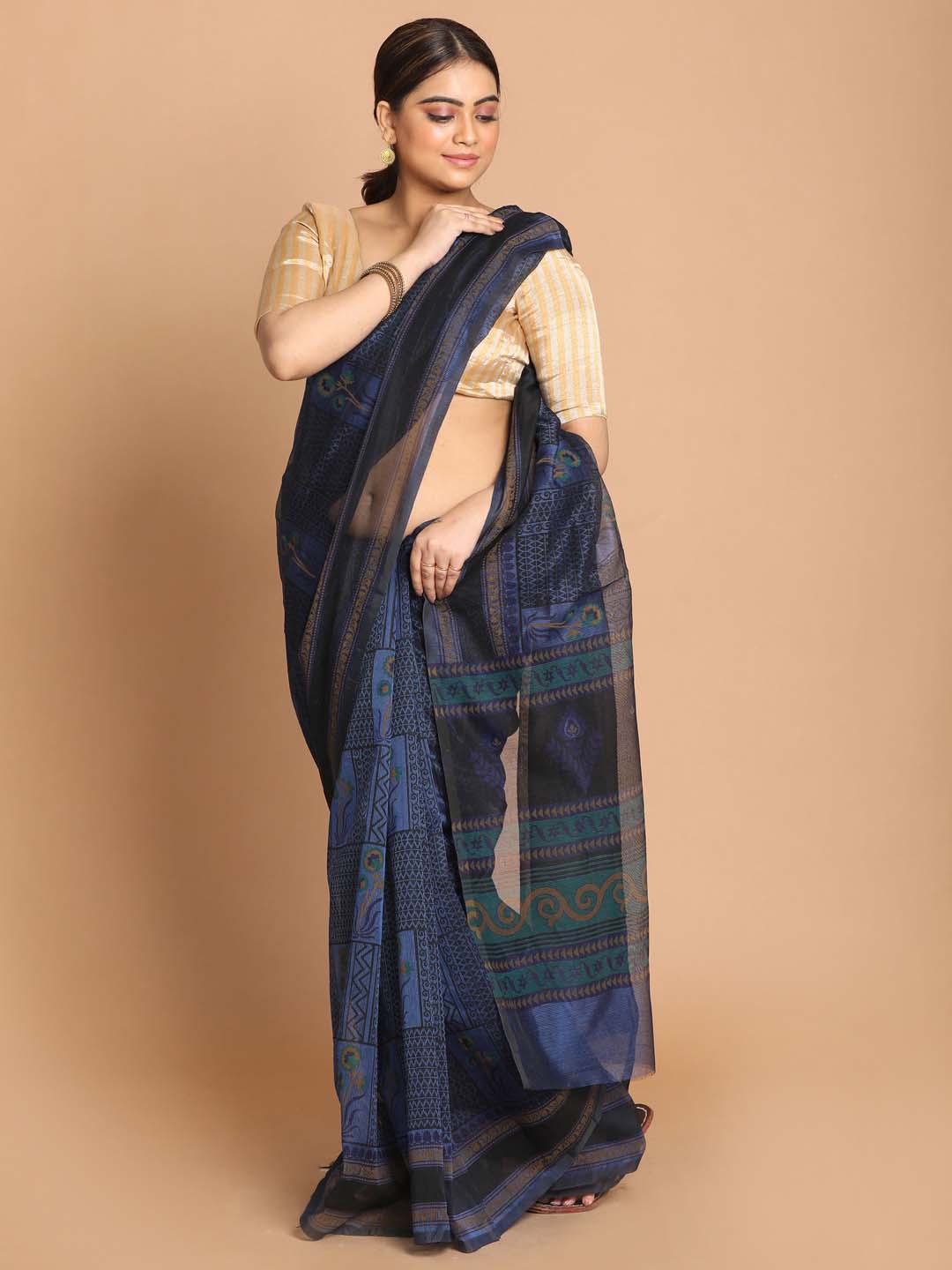 Indethnic Printed Cotton Blend Saree in Blue - View 1