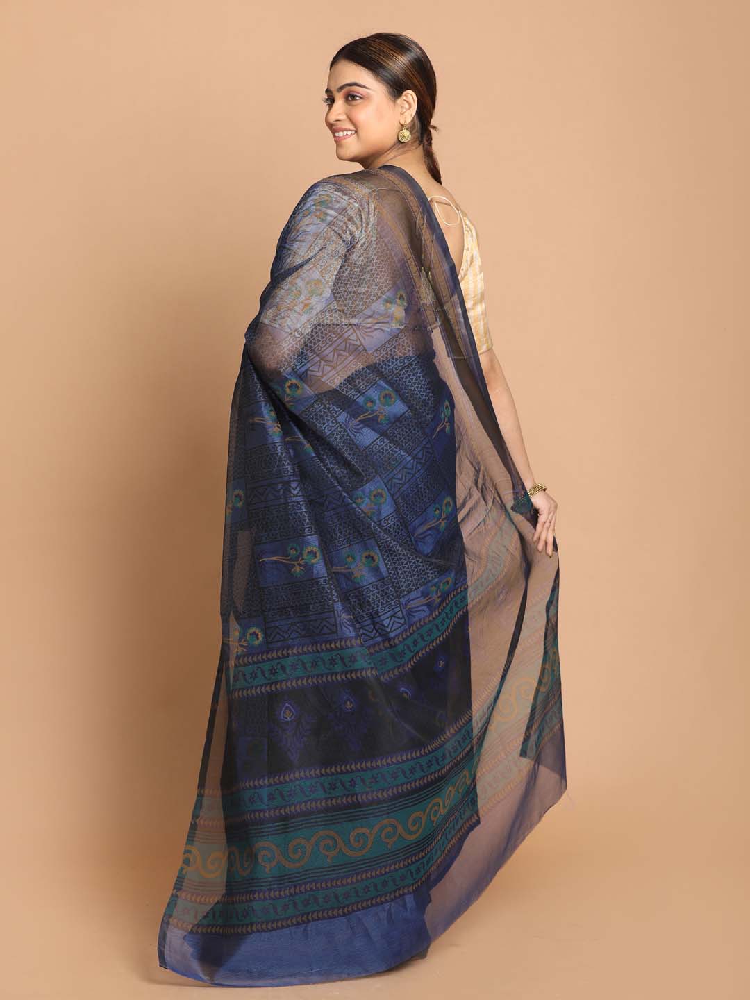 Indethnic Printed Cotton Blend Saree in Blue - View 3