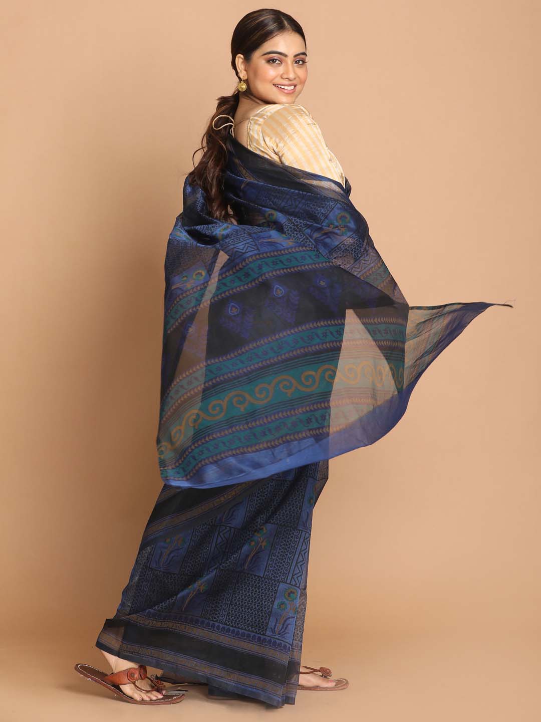 Indethnic Printed Cotton Blend Saree in Blue - View 2