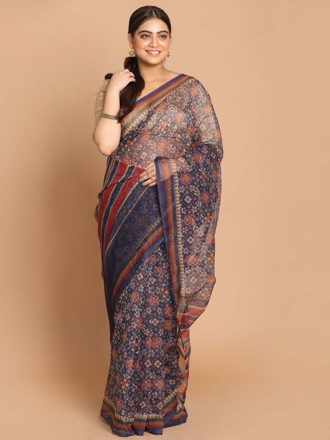 Indethnic Printed Cotton Blend Saree in Blue - View 1